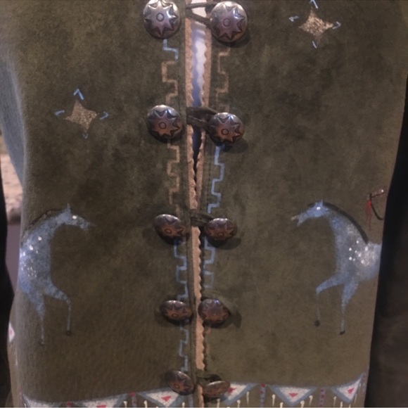 Patty Lewis Patricia Wolf leather fringe jacket skirt hand painted Indian ponies - Picture 2 of 8